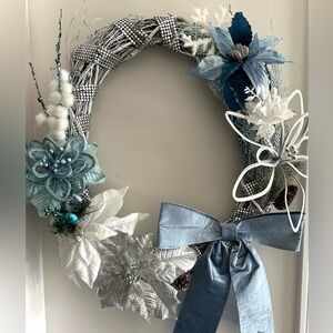 Festive Blue and Silver Floral Wreath